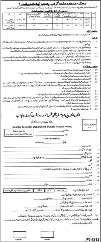 CTD Punjab Police Darja Chaharam Jobs 2024