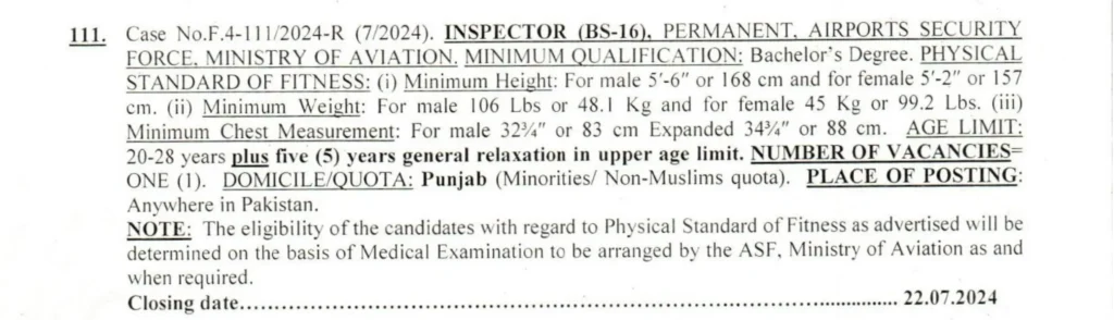 FPSC ASF Inspector Jobs 2024