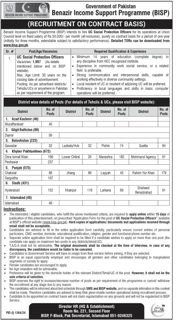 Benazir Income Support Programme Jobs 2024