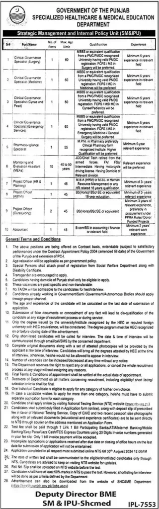 Specialized Healthcare & Medical Education Department Punjab Jobs 2024