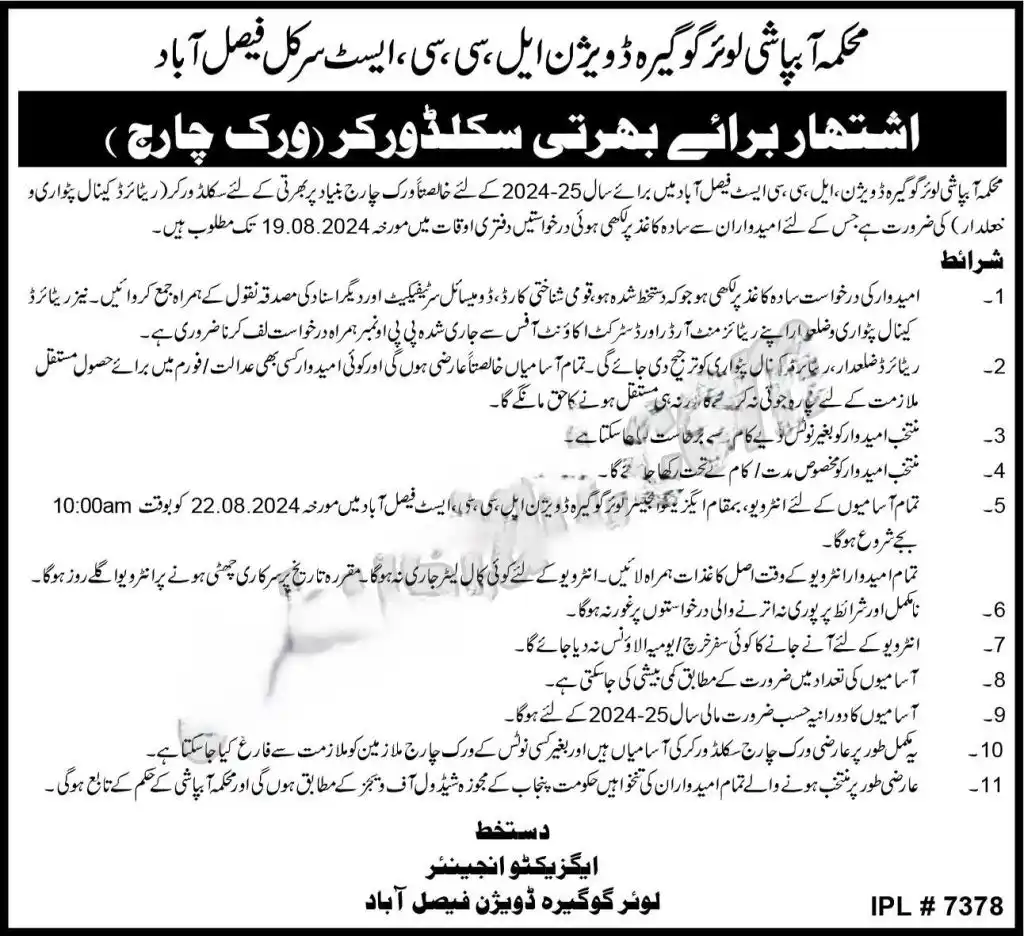 Canal Patwari Jobs in Punjab Irrigation Department 2024