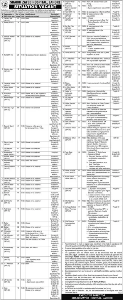 Sheikh Zayed Hospital Lahore Jobs 2024