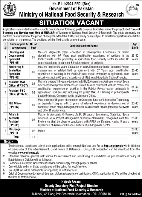 Ministry of National Food Security Jobs 2024