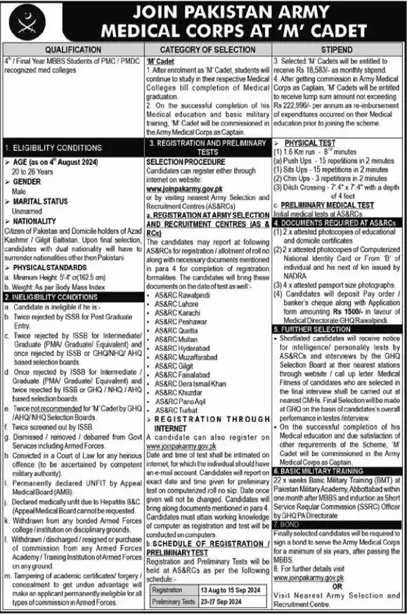 Join Pakistan Army Medical Corps as M Cadet 2024