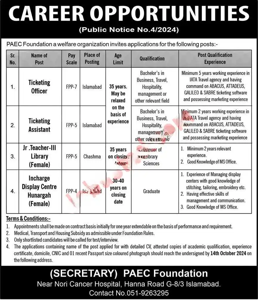 PAEC Foundation Islamabad Jobs 2024