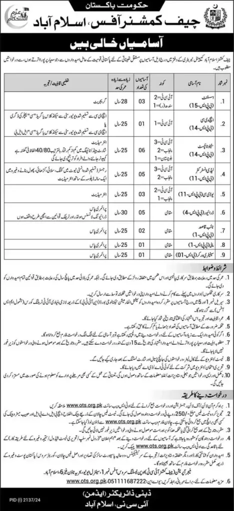 Chief Commissioner Office Islamabad Jobs 2024