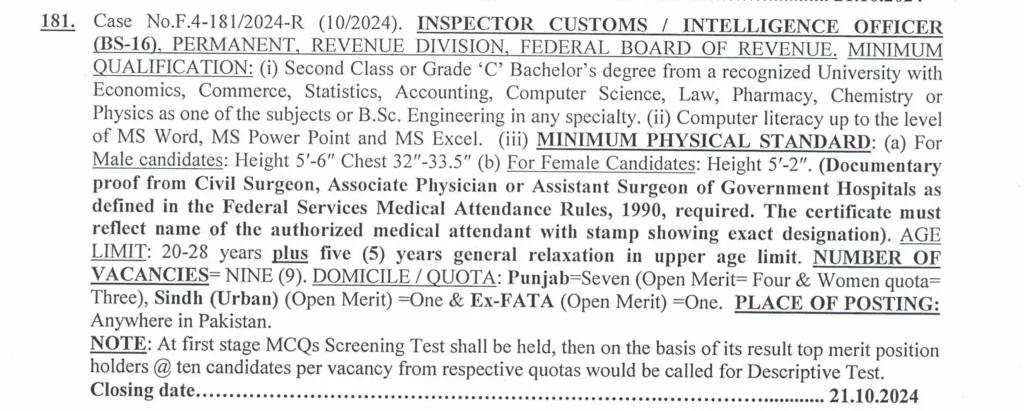 FPSC Inspector Customs Intelligence Officer Jobs 2024