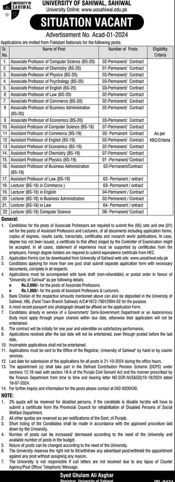 University of Sahiwal Jobs 2024