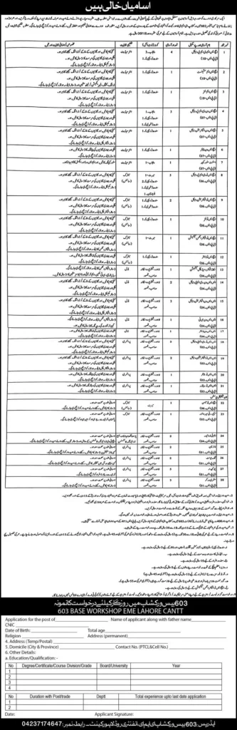 603 Base Workshop EME Lahore Jobs 2024