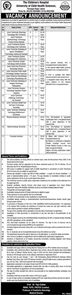 Children Hospital Lahore Jobs 2025